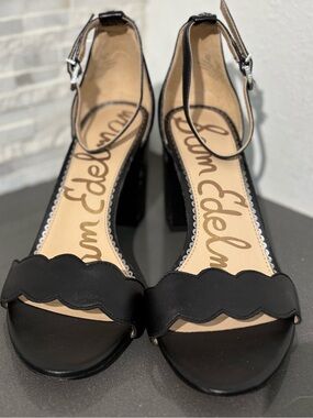 Sam Edelman Odila black leather scalloped dress sandals with a block heel
